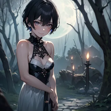 1 woman, little smile, black pixie cut hair, alternative haircut, pale skin, delicate feminine mouth, small amber eyes, magic mushrooms in the floor, witch costume, full moon in sky, dark forest backdrop, ethereal, moody lighting, cinematic, dramatic, fant...