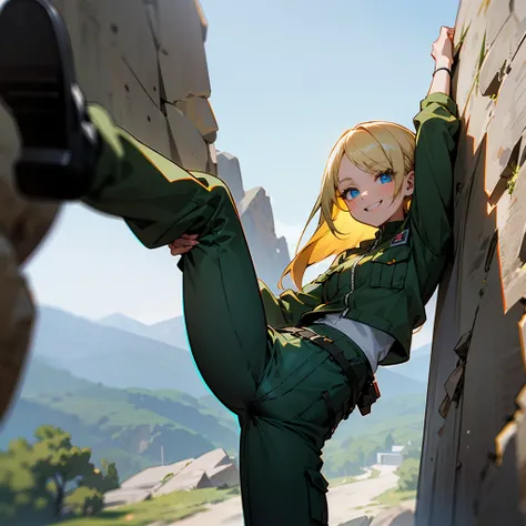 1female, Blonde Hair, Green Combat Jacket, Straight Hair, Black Cargo Pants, Combat Boots, Blue Eyes, Smiling, Slim, High Ranker, Adult Female, Mountain, Climbing a Rock Wall