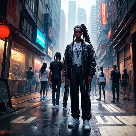 Black, dark-skinned, male, long hair, dreadlocks, high ponytail, blue strands, black eyes, white T-shirt, black unbuttoned jacket, black pants, black sneakers. Cyberpunk, in the middle of cyberpunk street, people around, fisheye zoom, standing sideways on ...