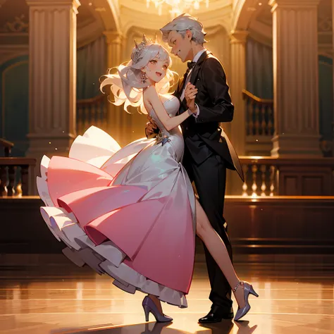 1female, Silver Hair, Pink Ball Gown, Wavy Hair, White Heels, Elegant Attire, Amber Eyes, Laughing, Lean, Princess, Adult Female, Ballroom, Dancing with a Partner