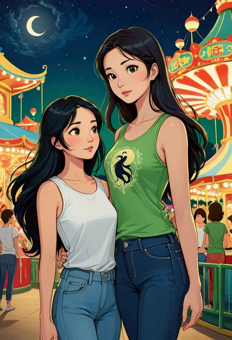 Two beautiful young women in Sarah Kay style, at night in an amusement park. One is Asian with long black hair, dressed in jeans and a white short-sleeved T-shirt with black designs, who stands and looks lovingly at the other young woman, a British woman w...