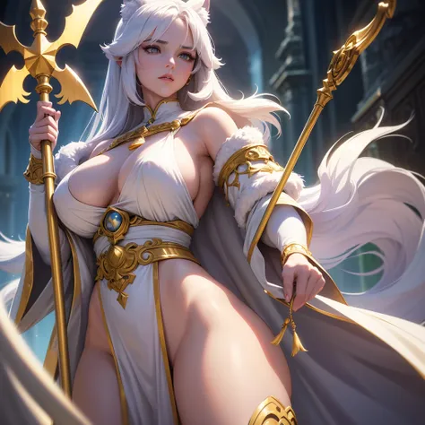 a woman wolf of around 25 years old with white fur of ears and hair, long and lush hair reaching to the waist, with lilac eyes and white skin, has giant breasts and large and pronounced hips, her clothing is of a priestess style in white and gold colors of...