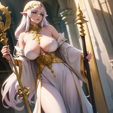 a woman wolf of around 25 years old with white fur of ears and hair, long and lush hair reaching to the waist, with lilac eyes and white skin, has giant breasts and large and pronounced hips, her clothing is of a priestess style in white and gold colors of...