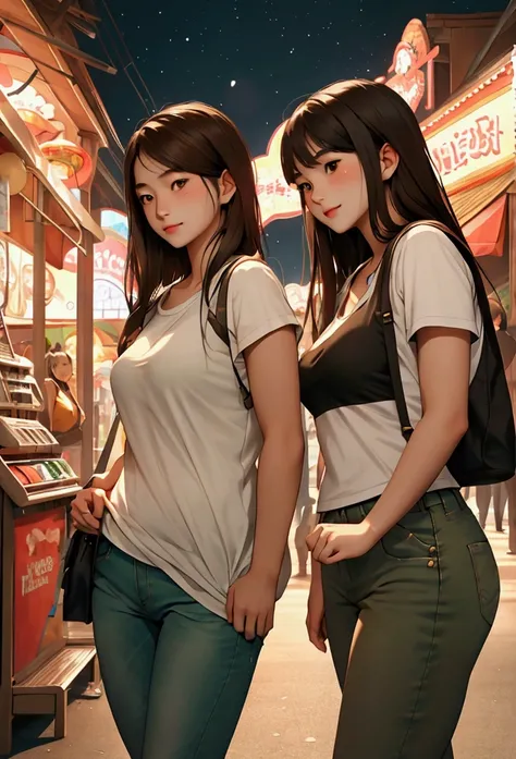 Two beautiful young women in Sarah Kay style, at night in an amusement park. One is Asian with long black hair, dressed in jeans and a white short-sleeved T-shirt with black designs, who stands and looks lovingly at the other young woman, a British woman w...