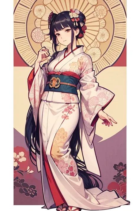 Illustration of a standing woman in a kimono, Ukiyo-e。Alphonse Mucha style。whole body。Down to your feet。