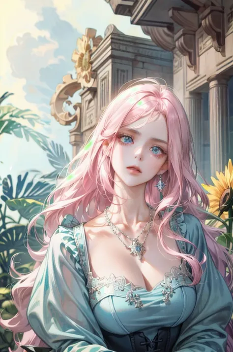 (  Absurdly , High quality , ultra detailed ) ,( hand detailed ) , 1girl, solo, very long hair, sunflower hair , ocean blue eyes ( eye detailed ) Baroque, Necklace, long dress, long sleeve, elegant, colorful, highest detailed, upper body , Zodiac - Cancer ...