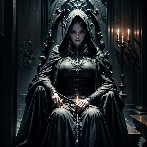 a hooded figure with a scythe, seated majestically on a dark, ominous throne,intricate carvings and engravings on the throne,shadows dancing around the room,a coven of witches surrounding the reaper,each witch gazing up at the looming figure with reverence...