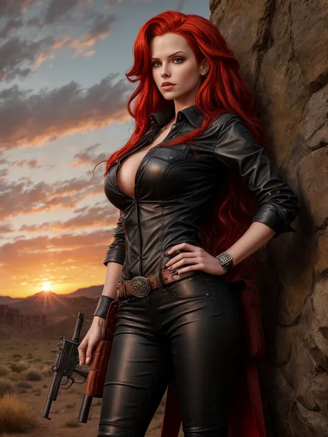 full body realism, a woman with long red hair wearing black leather pants and a plaid shirt is standing next to a gun holster in front of a wild west landscape at sunset