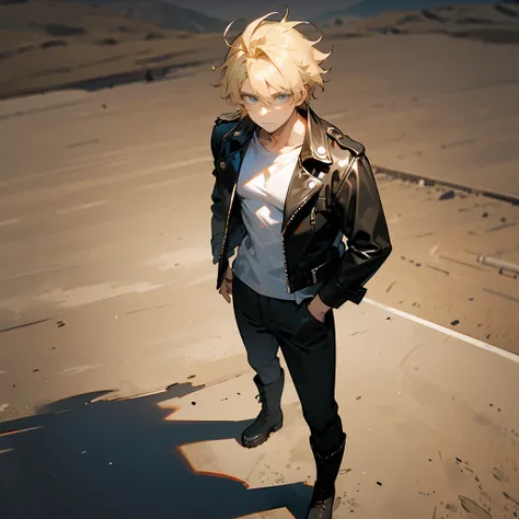 1male, Blonde Hair, Black Leather Jacket, Messy Hair, White T-shirt, Combat Boots, Grey Eyes, Calm Expression, Tall, High Ranker, Adult Male, Desert, Standing by a Jeep