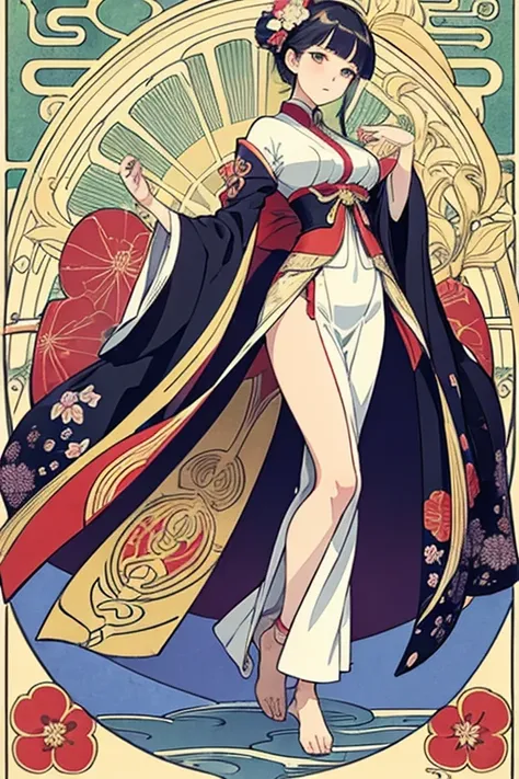 Ukiyo-e illustration of a standing woman。Alphonse Mucha style。Art Nouveau style。whole body。Down to your feet。