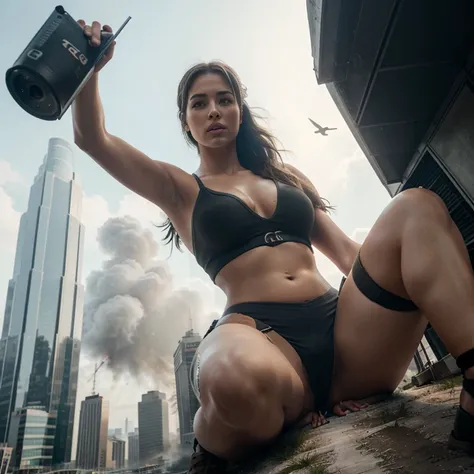 Lara croft ,Full body photo，gtscity，skyscraper, giga gigantess (Long legs:1.2), Extremely tall girl，Beautiful looks，No branding，Perfect lighting，Cinematic quality, 8K, High quality, (GTS:1.5), down view, building seat, belly, 