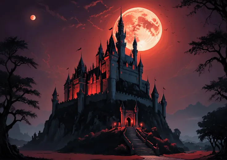 dracular&#39;s castle with red moonlight in the background