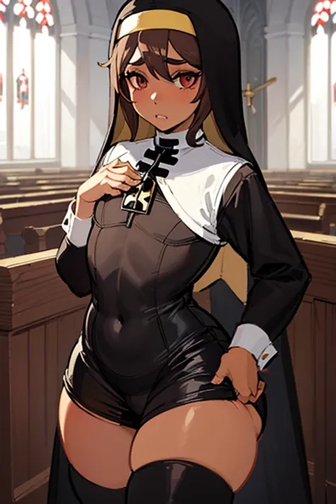 ((anime boy)), ((crossdresser)), (((1boy)))), (((solo))), ((((alone)))) medium dark brown hair, red eyes, ((((brown skin)))), wide hips, narrow waist, thick thighs, flustered, brushing, standing in a church, ((flat chest)), long skirt, shirt, (((skin tight...