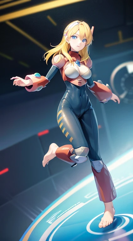 blue eyes, blonde hair, android, long hair, robot ears, (full bodysuit), ((barefoot)), (feet), ((fullbody))