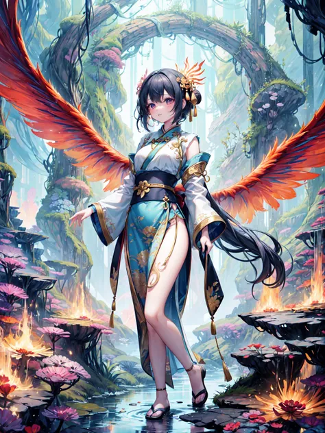 Beautiful Chinese girl standing on the water, Fog reflection, A giant phoenix floating in the sky, magic, Fantasy, Dynamic posture, It is made up of colorful flames, Delicate face, Delicate eyes, Long black and golden hair, Wearing amber and sky blue Hanfu...