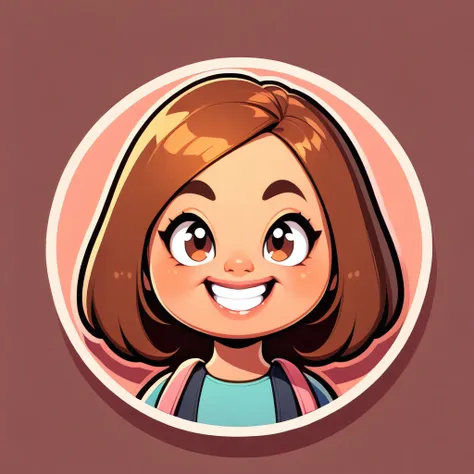 round logo, pink background, young girl, (((brown hair))), brown eyes, big cheeks. small smile, lips parted, white teeth.