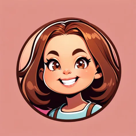 Round logo, pink background, young girl, (((brown hair))), brown eyes, big cheeks. Small smile, lips parted, white teeth. 