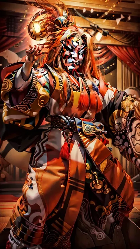 several,kabuki actor,human,male,pose,long hair,scary face,the background is the stage,cool,realistic,picture,