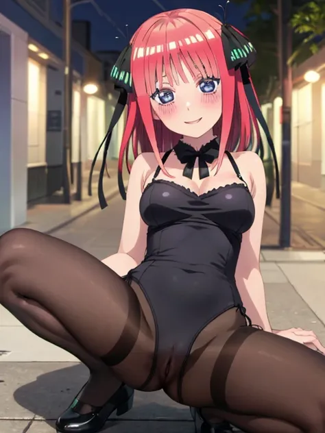 best quality, insanely detailed, nino nakano, breasts, blush, outdoor background, bare-shoulder, looking at viewer, garter strap, a black ribbon, pantyhose, highleg leotard, pussy, smile