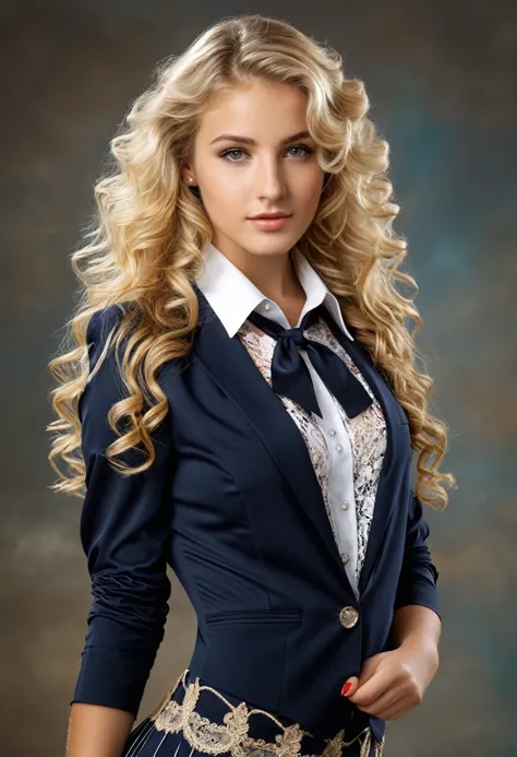 best quality, masterpiece, 20yo 1 Greek girl, a girl, blond hair, high school student, girl, long curly hair,  (ribbon, laced blouse and suit), back_pack, at school, 32k, photorealistic, ultra-detailed, finely detailed, high resolution, perfect dynamic com...