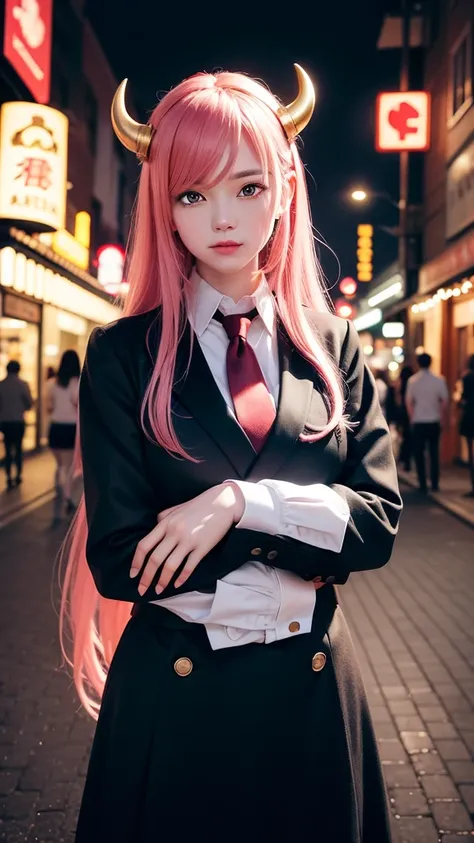 1girl, long pink hair, red horns, white collared shirt, black necktie, light smile, yellow eyes, corneo_power,, buildings,shops,town streets, dark sky, scenery,neon signs,night city, japanese lyrics,, , absurdres, detailed eyes, extremely detailed, volumet...