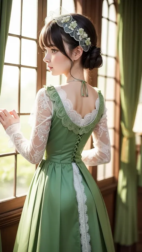 ((High-quality work)), the lines are clear and concise, the green dress and the beautiful pleated lace complement each other, which enriches the layering of the whole picture, the graceful Edwardian lace dress and the princess skirt add a lot to the charac...