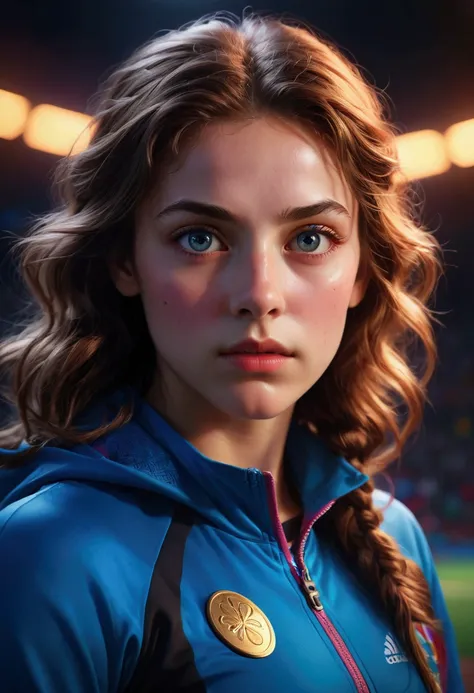 1girl, a cinematic epic scene of the Olympic Games, beautiful detailed eyes, beautiful detailed lips, extremely detailed face and expression, intricate sports equipment, vibrant colorful lighting, dramatic camera angle, studio lighting, hyperrealistic, 8k,...