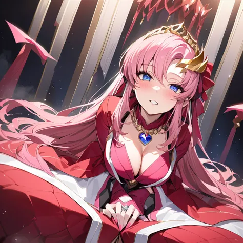 ((Highest quality)), ((masterpiece)), (detailed), （Perfect Face）、The woman is the evil goddess Lacus Clyne who has become an evil deity. She has blue eyes, medium-long pink hair, a hair ornament, an evil deity necklace, evil accessories, a gorgeous evil de...