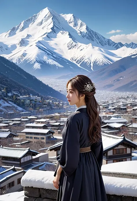 ((masterpiece)),Highest quality, figure, dark, One girl, In the wilderness,A tall mountain,Snow-capped mountains visible in the distance々, city, Beautiful attention to detail,  Beautiful detailed hair,