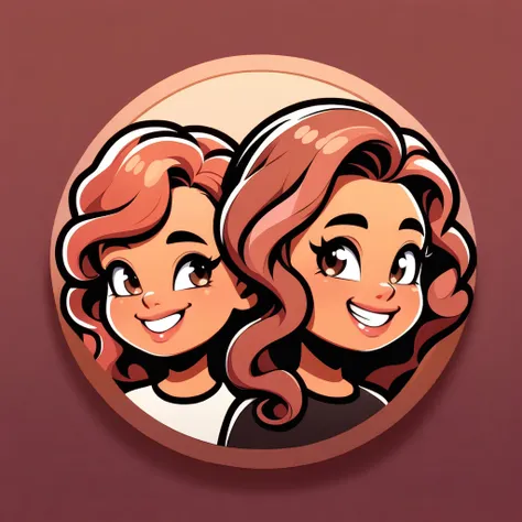 Round logo, pink background, two young girls, (((girl 1 brown hair))), (((girl 2 black wavy hair))), brown eyes, big cheeks. Small smile, lips parted, white teeth. 