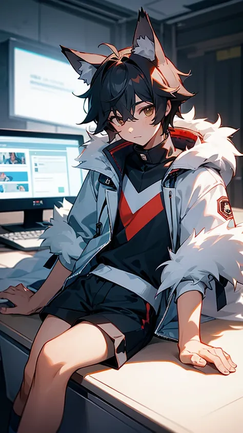 a boy, sitting behind a desk, wolf ears, wearing a fluffy jacket, short pants