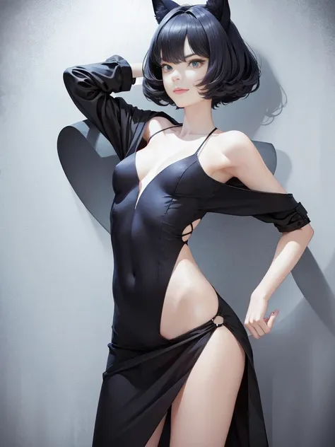 very young slim fit girl, full body shot, rounded face, very short disheveled dark blue hair, big yellow eyes, shy smile, perfect flat breast, band on head with fake cat ears, look at you, (ahoge:1.2), megane, sashagrey, a strand of hair from the bangs han...