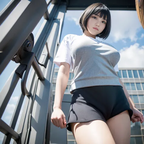 Highest quality，masterpiece，Ultra-high resolution, Very detailed, 8k，A beautiful 14 year old Japanese girl:1.5, Small face, Black short hair, blunt bangs, Breast Augmentation Surgery, A very tall giant sits in a city、　(School-designated gym clothes:1.5, Bl...