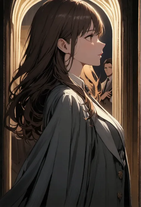 Woman with long brown hair, Iris, A man in a grey suit stands alone in the palace at night, He has a gun pointed at him