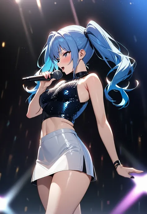 (Masterpiece), (High quality), (1girl), (Pop singer), blue hair, long pigtails, sequined clothing, tight top, tight white short skirt, slender and toned figure, confident and flirtatious posture, (singing on a stage).