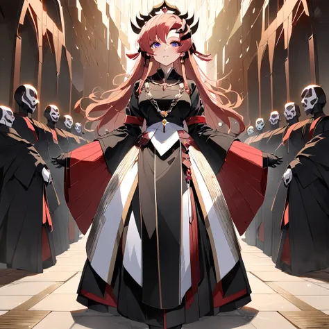 ((Highest quality)), ((masterpiece)), (detailed), （Perfect Face）、The woman is Lacus Clyne, the wife of the leader of the evil god cult, the saint of darkness, and the shrine maiden of the evil god. She has blue eyes, pink semi-long hair, and a hair ornamen...