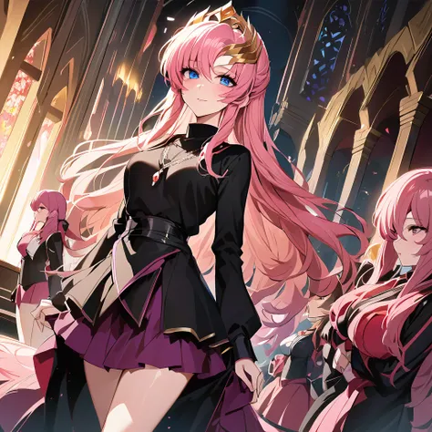 ((Highest quality)), ((masterpiece)), (detailed), （Perfect Face）、The beautiful and seductive woman is Lacus Clyne, the wife of the leader of the evil god cult, the saint of darkness, and has blue eyes, pink hair, medium-long hair, and a gorgeous and delica...