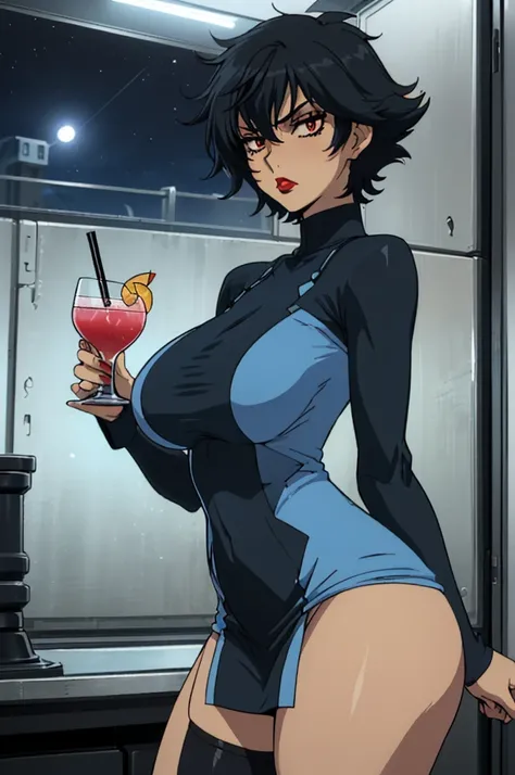 closed mouth, (20 years old), ((1girl)), ((((solo))), (((alone))), (((genderbend))), (((female))), wide hips, thick thighs, huge breast, narrow waist,  ((blue top)), ((short skin tight blue cocktail dress)), cocktail, party, ((anime artstyle)), long eyelas...