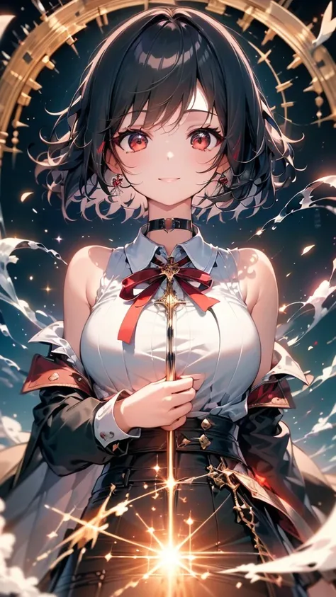 (masterpiece, highest quality, highest quality, (No text), Beautiful and aesthetic:1.2),No text,アニメ、BREAK,One Girl，Black Hair Girl　short hair　older sister　choker　Beautiful eyes　Red eyes　cool　smile　Red and Black　Black jacket　mini skirt　whole body　In town
