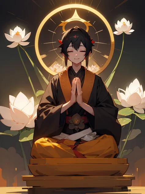 Amitabha Buddha Smile Lotus Flower Zen Meditation Prayer Black Hair Halo Pure Land Thin Eyes Lotus Position