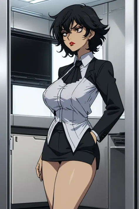 closed mouth, (20 years old), ((1girl)), ((((solo))), (((alone))), (((genderbend))), (((female))), wide hips, thick thighs, huge breast, narrow waist, ((white formal shirt)), ((short black skirt)), ((office suit)) office meeting, ((anime artstyle)), long e...