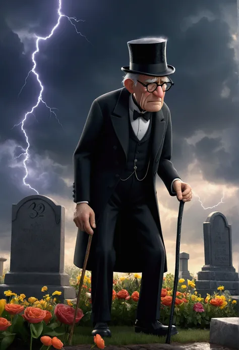 pixar, an old man crying at the foot of a grave, man in black suit , top-hat, he uses a cane and wears glasses, He has some flowers in his hands and the sky is cloudy, and with lightning, the rain starts to fall.