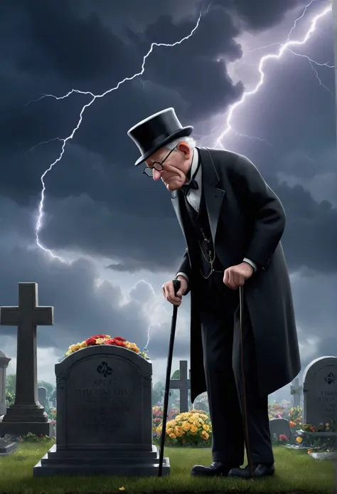 pixar, an old man crying at the foot of a grave, man in black suit , top-hat, he uses a cane and wears glasses, He has some flowers in his hands and the sky is cloudy, and with lightning, the rain starts to fall.