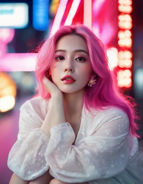 Beautiful woman with long pink hair( white blanket blouse), There is a red flower in front of her、Covering one eye and part of the face。., Natural light,Sitting in the neon lights of New York , Bright colors, Bokeh style, Style with ultra-fine details, Hig...