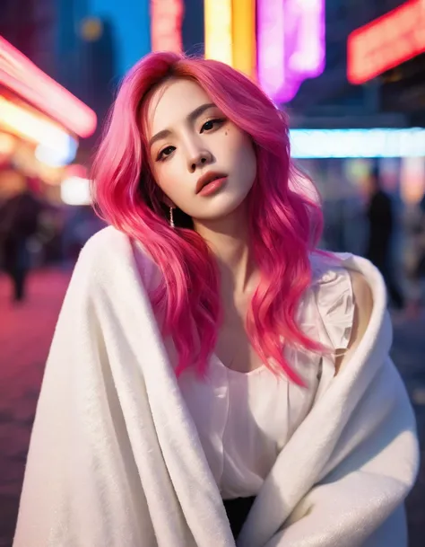 Beautiful woman with long pink hair( white blanket blouse), There is a red flower in front of her、Covering one eye and part of the face。., Natural light,Sitting in the neon lights of New York , Bright colors, Bokeh style, Style with ultra-fine details, Hig...