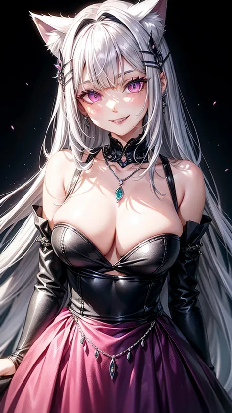 Silver hair, pink eyes, older woman, black clothes, hair jewel ornament, cat ears, necklace, long hair, smiling face, upper body