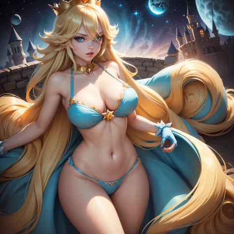 ((Princess Rosalina from the Super Mario Bros series))(she has big glowing blue eyeballs)(bright red lips) ((long blonde hair))(((long bangs hide one eye)))(dark eyeballshadows make up)((very big tits)) (perfect slim body) ((wear aquamarine mini bikini, go...