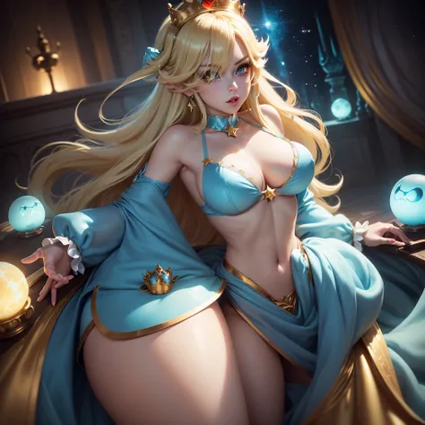 ((Princess Rosalina from the Super Mario Bros series))(she has big glowing blue eyeballs)(bright red lips) ((long blonde hair))(((long bangs hide one eye)))(dark eyeballshadows make up)((very big tits)) (perfect slim body) ((wear aquamarine mini bikini, go...