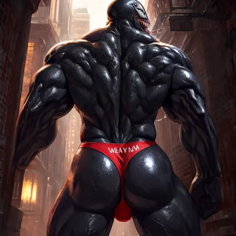 Extremely detailed lora Venom/symbionte,humanoid, (detailed face, Sharp teeth),male, back view, extremely detailed: beautiful ass , (slipping tight underwear t-string) , black body ,muscular, toungue , saliva