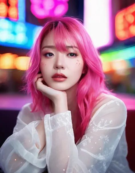 Beautiful woman with long pink hair( white blanket blouse), There is a red flower in front of her、Covering one eye and part of the face。., Natural light,Sitting in the neon lights of New York , Bright colors, Bokeh style, Style with ultra-fine details, Hig...